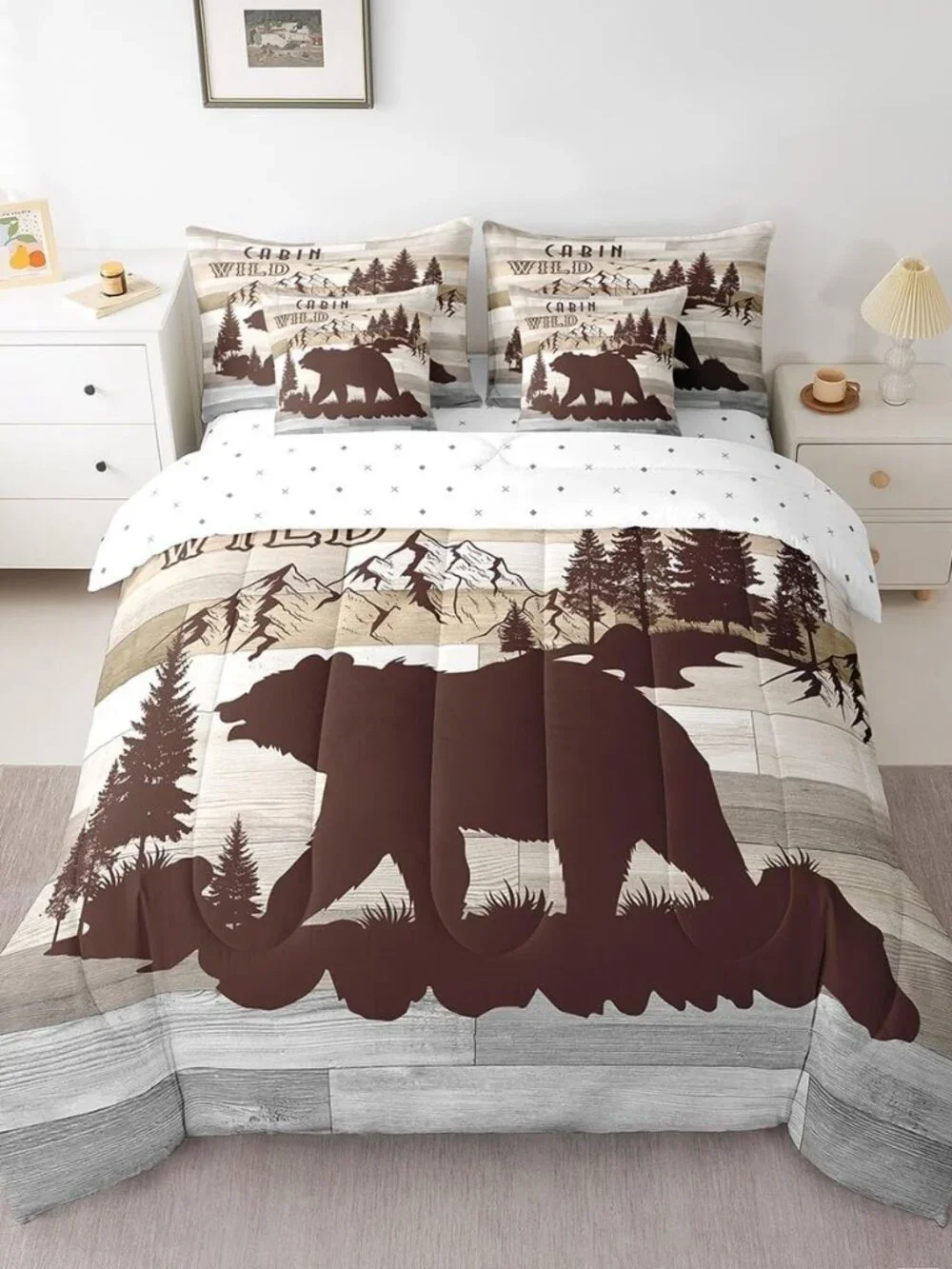 Boys Girls Rustic Bear Bed in a Set Queen Size, Cabin Comforter Set with Sheets